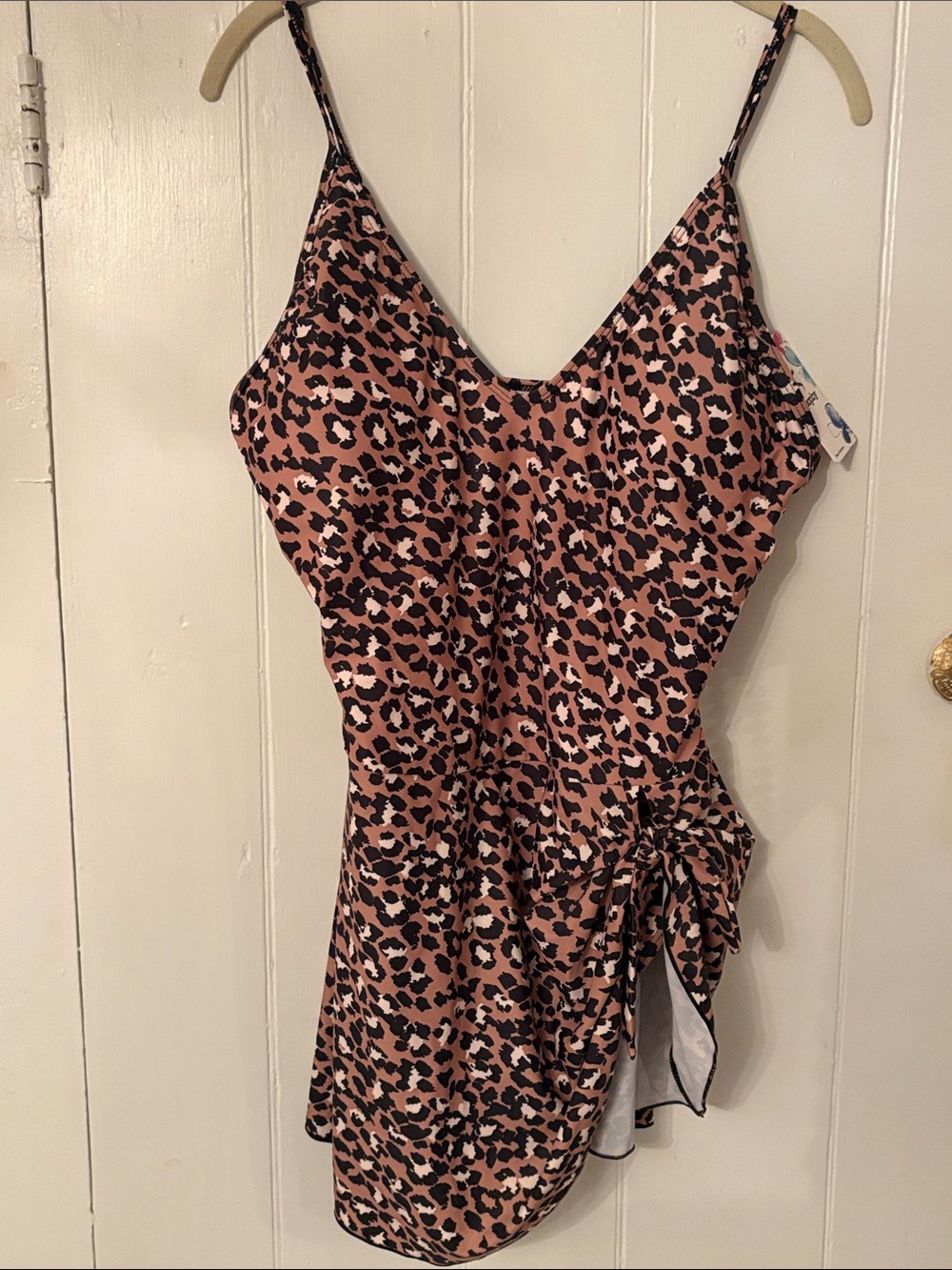 Women’s Leopard-Print One-Piece Swimdress with Side Tie XL NWT